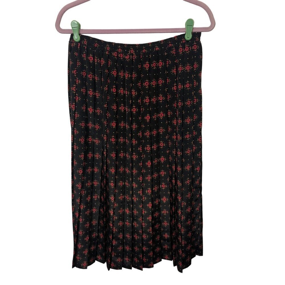 Vintage 80's Pleated Midi Skirt Size 12 Black Red Floral Elastic Waist Pull On